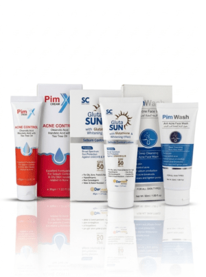 Acne care kit with GlutaSun sunblock, PimX acne cream and PimWash face wash for oily, acne-prone skin