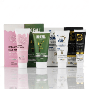 Aesthetic Heaven skin whitening skincare bundle – GlutaSun sunblock, Glow Wash face wash, D Dark cream and No Fall shampoo