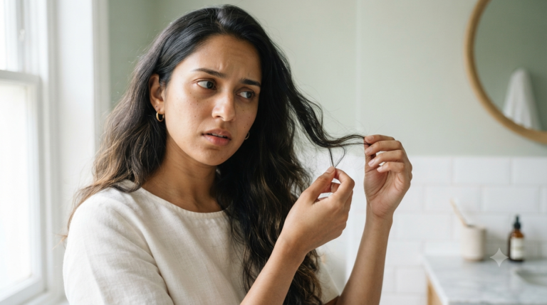 Woman checking hair fall and dandruff flakes while combing her hair